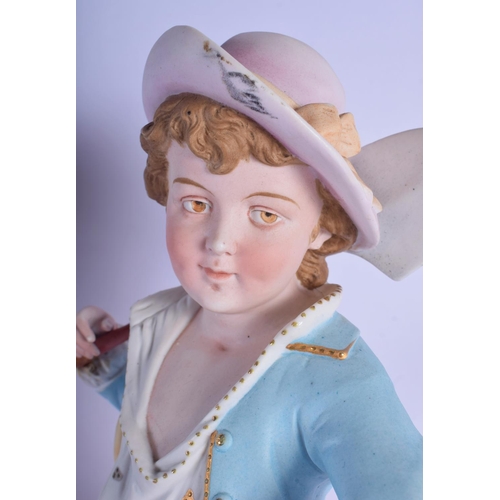 313 - A PAIR OF ANTIQUE BISQUE PORCELAIN FIGURES modelled upon naturalistic bases. 45 cm high.