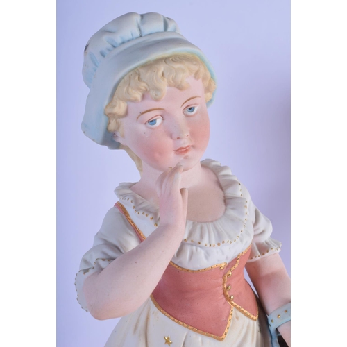 313 - A PAIR OF ANTIQUE BISQUE PORCELAIN FIGURES modelled upon naturalistic bases. 45 cm high.