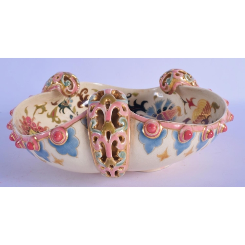 317 - A 19TH CENTURY HUNGARIAN ZSOLNAY PECS TREFOIL FORM BOWL with reticulated handles. 24 cm wide.