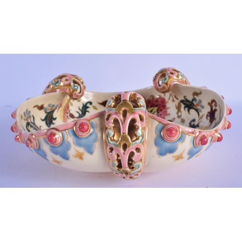 317 - A 19TH CENTURY HUNGARIAN ZSOLNAY PECS TREFOIL FORM BOWL with reticulated handles. 24 cm wide.