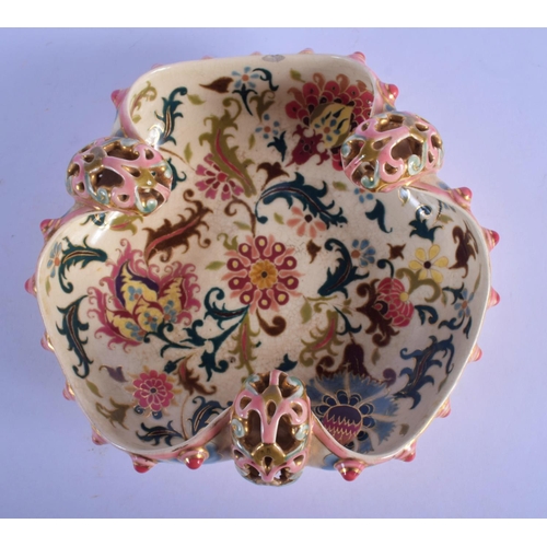 317 - A 19TH CENTURY HUNGARIAN ZSOLNAY PECS TREFOIL FORM BOWL with reticulated handles. 24 cm wide.