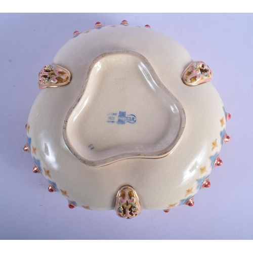 317 - A 19TH CENTURY HUNGARIAN ZSOLNAY PECS TREFOIL FORM BOWL with reticulated handles. 24 cm wide.