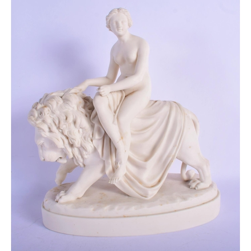 318 - AN UNUSUAL ANTIQUE PARIAN WARE PORCELAIN FIGURE modelled as a female upon a lion. 24 cm x 18 cm.