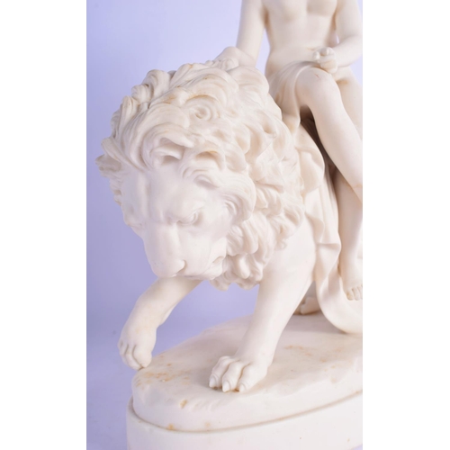 318 - AN UNUSUAL ANTIQUE PARIAN WARE PORCELAIN FIGURE modelled as a female upon a lion. 24 cm x 18 cm.