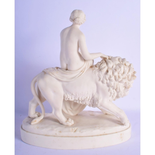 318 - AN UNUSUAL ANTIQUE PARIAN WARE PORCELAIN FIGURE modelled as a female upon a lion. 24 cm x 18 cm.