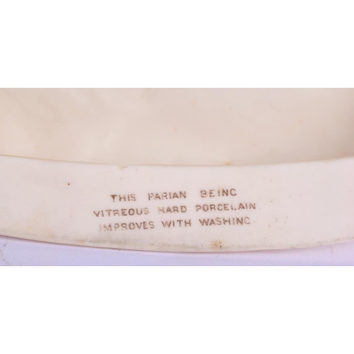 318 - AN UNUSUAL ANTIQUE PARIAN WARE PORCELAIN FIGURE modelled as a female upon a lion. 24 cm x 18 cm.