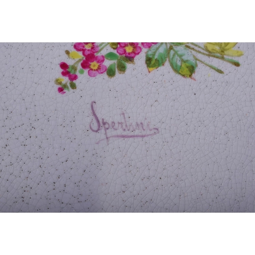 321 - A LARGE ANTIQUE TIN GLAZED POTTERY SERVING TRAY painted with flowers and motifs. 60 cm x 45 cm.