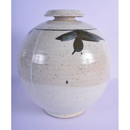 322 - A LARGE STUDIO POTTERY STONEWARE VASE painted with sprays. 26 cm x 18 cm.