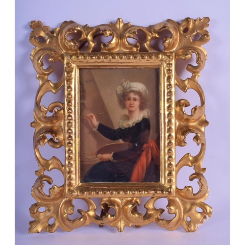 326 - AN ANTIQUE EUROPEAN PORCELAIN PLAQUE within a florentine frame. Porcelain 12.5 cm x 8.5 cm.