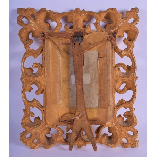 326 - AN ANTIQUE EUROPEAN PORCELAIN PLAQUE within a florentine frame. Porcelain 12.5 cm x 8.5 cm.