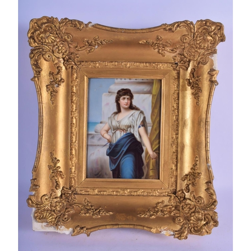327 - AN ANTIQUE EUROPEAN PORCELAIN PLAQUE within a gilt frame. Porcelain 16 cm x 11 cm.