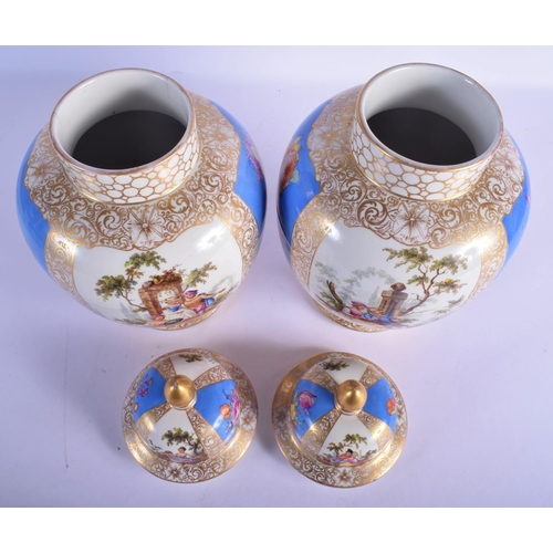 328 - A LARGE PAIR OF 19TH CENTURY GERMAN AUGUSTUS REX VASES AND COVERS painted with lovers. 37 cm x 18 cm... 