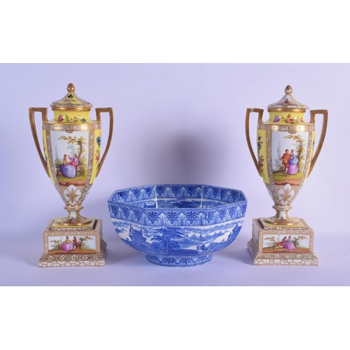 33 - A LARGE PAIR  OF ANTIQUE GERMAN AUGUSTUS REX TWIN HANDLED PORCELAIN VASE AND COVER painted with figu... 