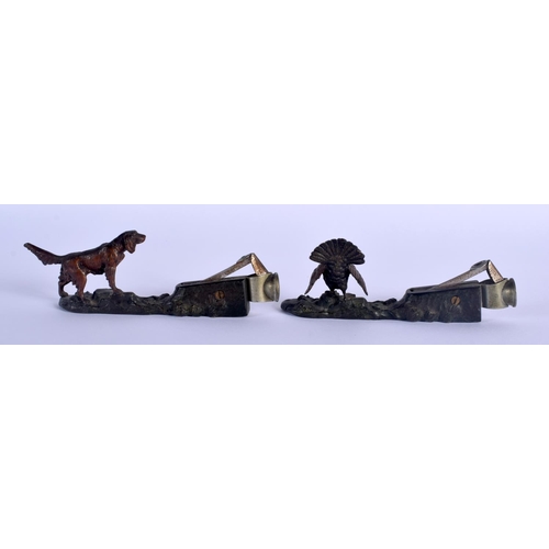 331 - A RARE PAIR OF 19TH CENTURY AUSTRIAN COLD PAINTED BRONZE CHEROOT CUTTERS modelled as a hound and gam... 