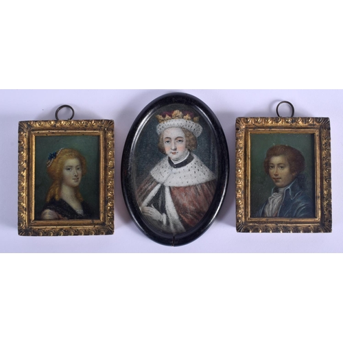332 - European School (18th/19th Century) Pair, Oil on tin, together with another miniature. Largest 12 cm... 