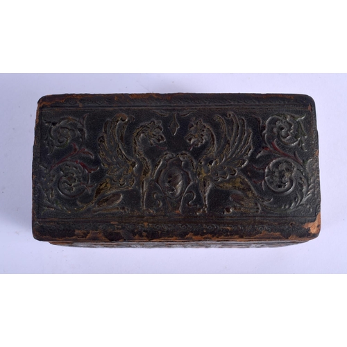 357 - A VERY UNUSUAL 1920S EUROPEAN LEATHER FOLDING CIGARETTE CASE decorated with putti. 14 cm x 8 cm.