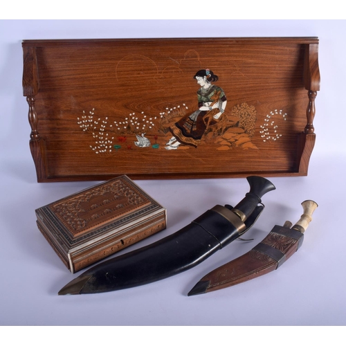 358 - A 19TH CENTURY ANGLO INDIAN SANDALWOOD CASKET together with a similar tray and two kukri daggers. La... 