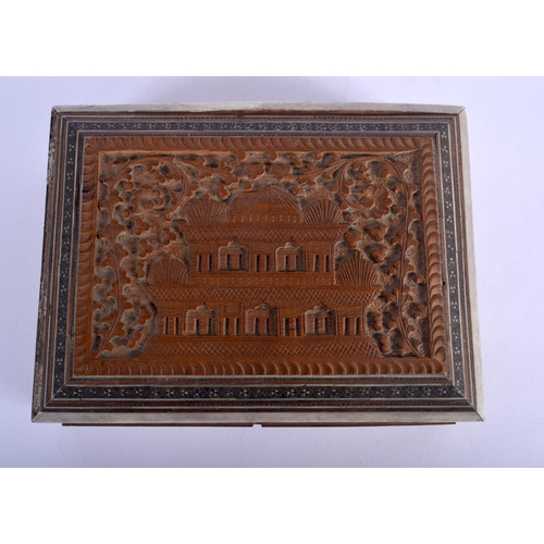 358 - A 19TH CENTURY ANGLO INDIAN SANDALWOOD CASKET together with a similar tray and two kukri daggers. La... 