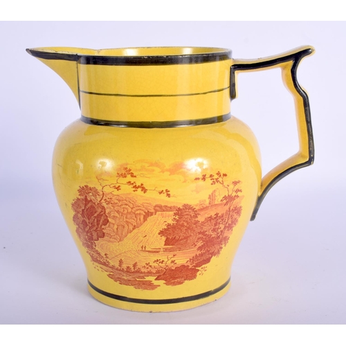 36 - A RARE EARLY 19TH CENTURY CANARY YELLOW POTTERY JUG printed with red landscapes. 13 cm x 13 cm.