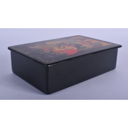 367 - A RUSSIAN BLACK LACQUER BOX AND COVER. 15 cm x 10 cm.