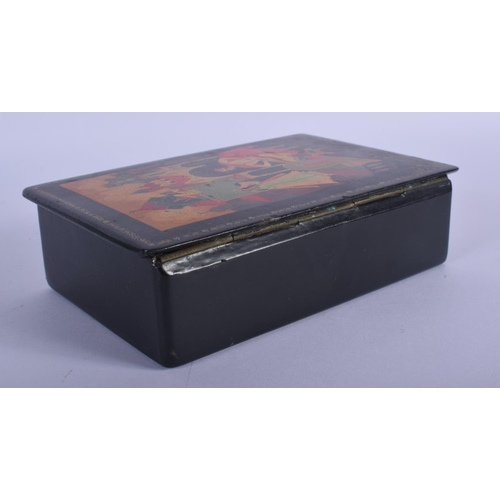 367 - A RUSSIAN BLACK LACQUER BOX AND COVER. 15 cm x 10 cm.