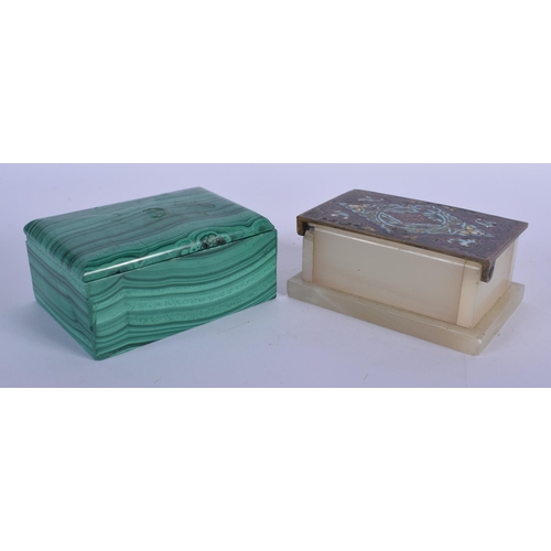 368 - A LATE 19TH CENTURY FRENCH CHAMPLEVE ENAMEL AND ONYX BOX together with a malachite box. Largest 10 c... 