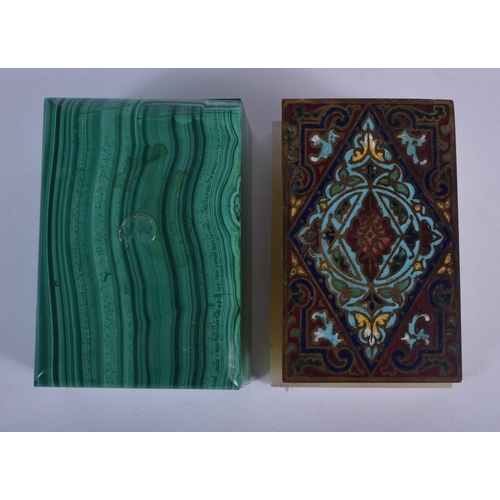 368 - A LATE 19TH CENTURY FRENCH CHAMPLEVE ENAMEL AND ONYX BOX together with a malachite box. Largest 10 c... 
