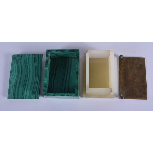 368 - A LATE 19TH CENTURY FRENCH CHAMPLEVE ENAMEL AND ONYX BOX together with a malachite box. Largest 10 c... 