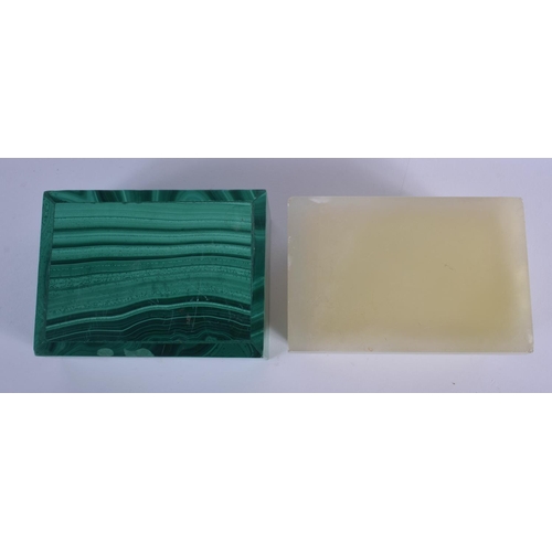 368 - A LATE 19TH CENTURY FRENCH CHAMPLEVE ENAMEL AND ONYX BOX together with a malachite box. Largest 10 c... 