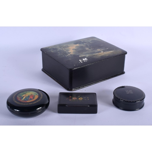 369 - FOUR ANTIQUE BLACK LACQUER BOXES in various forms and sizes. Largest 18 cm x 15 cm. (4)
