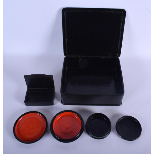 369 - FOUR ANTIQUE BLACK LACQUER BOXES in various forms and sizes. Largest 18 cm x 15 cm. (4)