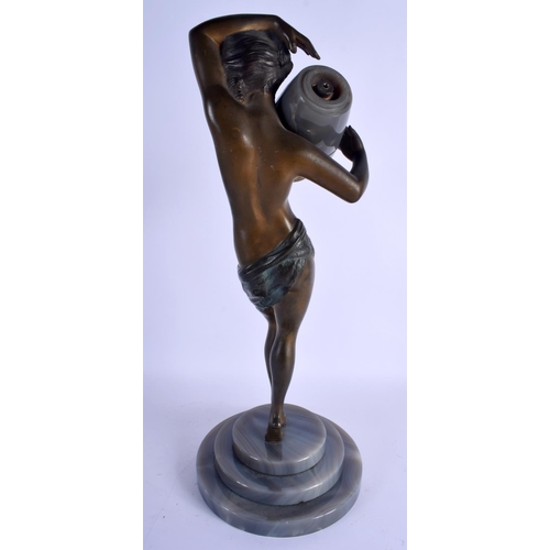 374 - A LOVELY ART DECO COLD PAINTED BRONZE AND AGATE FIGURAL LAMP modelled as a female holding an over tu... 