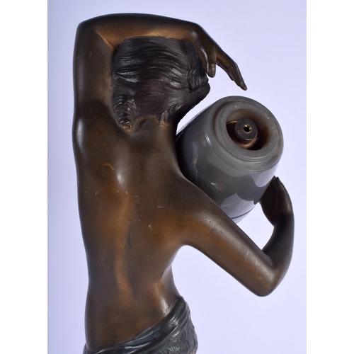 374 - A LOVELY ART DECO COLD PAINTED BRONZE AND AGATE FIGURAL LAMP modelled as a female holding an over tu... 