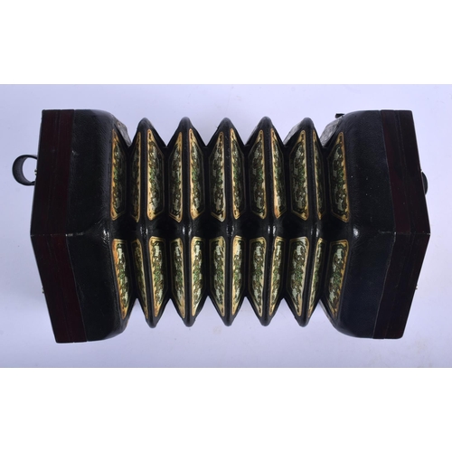 377 - A BOXED 48 BUTTON LACHENAL & CO CONCERTINA within a case. Each end 16 cm x 16 cm.