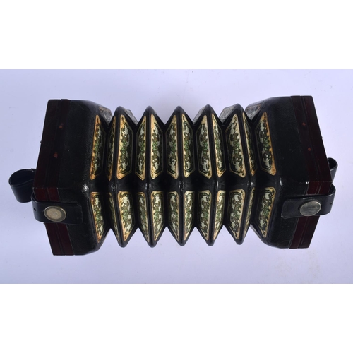 377 - A BOXED 48 BUTTON LACHENAL & CO CONCERTINA within a case. Each end 16 cm x 16 cm.