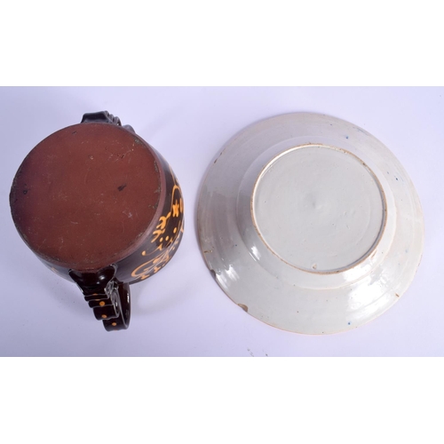 38 - AN 18TH CENTURY DELFT BLUE AND WHITE TIN GLAZED POTTERY PLATE together with an unusual treacle glaze... 