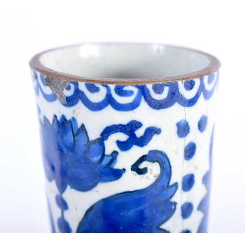 397 - AN 18TH CENTURY DUTCH TIN GLAZED DELFT BLUE AND WHITE BOTTLE VASE painted with figures. 29 cm high.