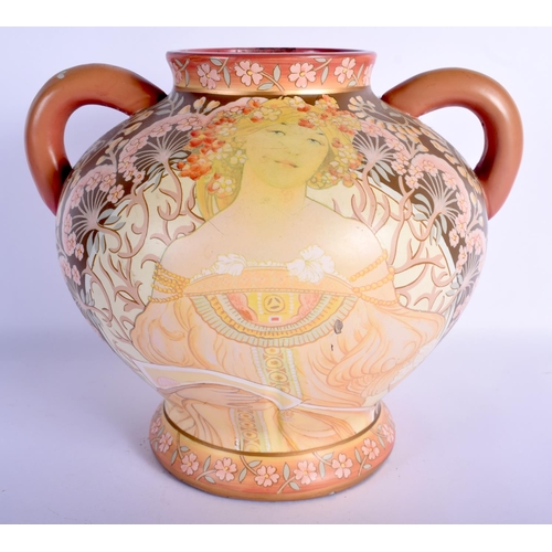 40 - AN UNUSUAL TWIN HANDLED ART NOUVEAU ENAMELLED OPALINE GLASS VASE decorated with a classical maiden. ... 