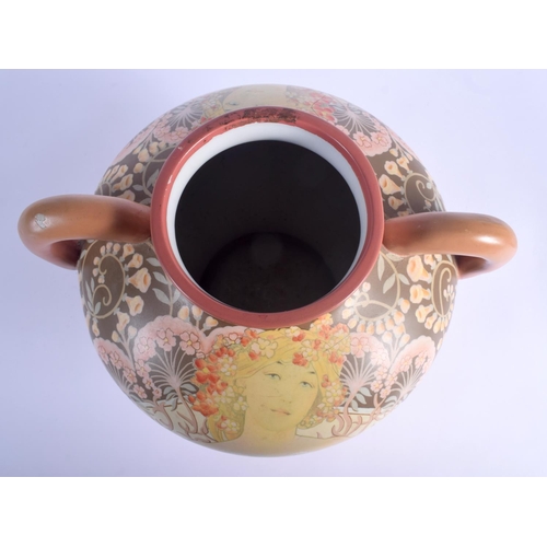 40 - AN UNUSUAL TWIN HANDLED ART NOUVEAU ENAMELLED OPALINE GLASS VASE decorated with a classical maiden. ... 