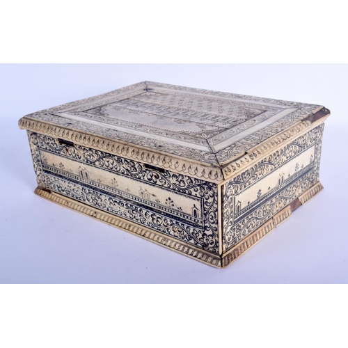 408 - A RARE 19TH CENTURY ANGLO INDIAN VIZAGAPATAM RECTANGULAR BOX decorated with buildings and scrolling ... 