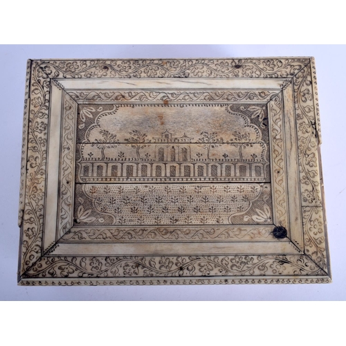 408 - A RARE 19TH CENTURY ANGLO INDIAN VIZAGAPATAM RECTANGULAR BOX decorated with buildings and scrolling ... 