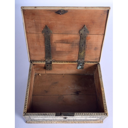 408 - A RARE 19TH CENTURY ANGLO INDIAN VIZAGAPATAM RECTANGULAR BOX decorated with buildings and scrolling ... 