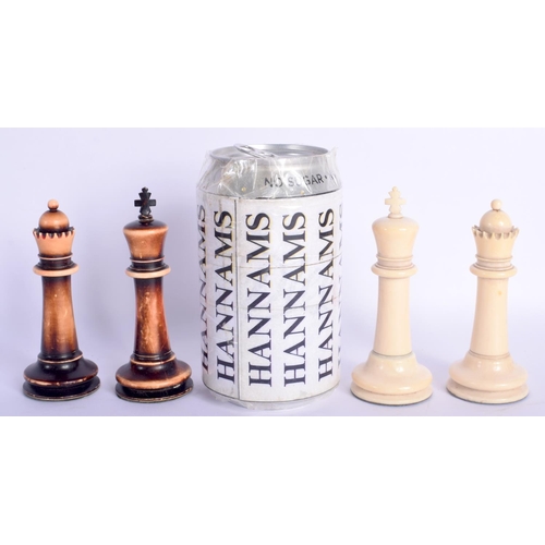 411 - A FINE EARLY 19TH CENTURY CONTINENTAL CARVED AND STAINED IVORY CHESS SET within an antique wooden bo... 