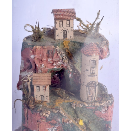 413 - A RARE PAIR OF 19TH CENTURY ROLLED PAPER DIARAMA LANDSCAPES contained within glass domes. Largest 18... 