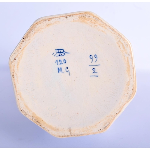 42 - A LARGE DUTCH DELFT BLUE AND WHITE PORCELAIN VASE of hexagonal form, painted with birds and landscap... 