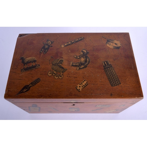 423 - A RARE 19TH CENTURY RECTANGULAR CARVED WOOD CASKET overlaid with printed scrap book motifs. 30 cm x ... 