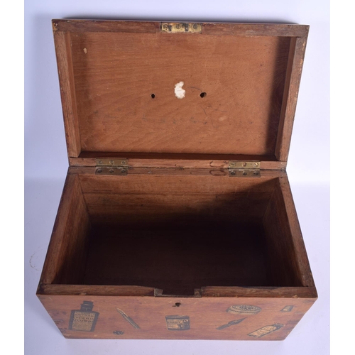 423 - A RARE 19TH CENTURY RECTANGULAR CARVED WOOD CASKET overlaid with printed scrap book motifs. 30 cm x ... 