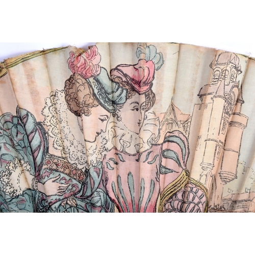 436 - AN UNUSUAL VINTAGE FRENCH FAN decorated with theatrical figures. 30 cm wide.