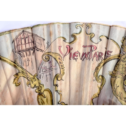 436 - AN UNUSUAL VINTAGE FRENCH FAN decorated with theatrical figures. 30 cm wide.