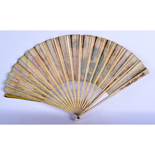 436 - AN UNUSUAL VINTAGE FRENCH FAN decorated with theatrical figures. 30 cm wide.